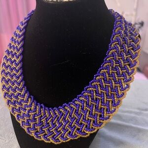 Elegant Beaded Necklace in Blue and Gold